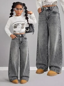 SHEIN Kids Tween Girl Y2k Fall/Winter Grey Denim Bottom With Filling And Thicker Fabric Loose-Fitting Jeans - Grey - View 3