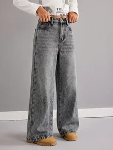 SHEIN Kids Tween Girl Y2k Fall/Winter Grey Denim Bottom With Filling And Thicker Fabric Loose-Fitting Jeans - Grey - View 4