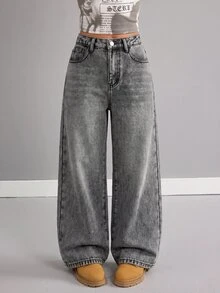 SHEIN Kids Tween Girl Y2k Fall/Winter Grey Denim Bottom With Filling And Thicker Fabric Loose-Fitting Jeans - Grey - View 5