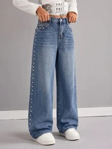 SHEIN Kids Tween Girl Y2k Fashion Bolt Design Three-Dimensional Decorative Blue Denim Loose Jeans - Blue - View 4