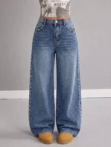 SHEIN Kids Tween Girl Y2k Fashion Bolt Design Three-Dimensional Decorative Blue Denim Loose Jeans - Blue - View 1