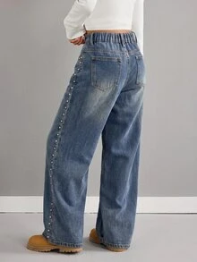 SHEIN Kids Tween Girl Y2k Fashion Bolt Design Three-Dimensional Decorative Blue Denim Loose Jeans - Blue - View 2