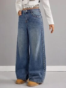 SHEIN Kids Tween Girl Y2k Fashion Bolt Design Three-Dimensional Decorative Blue Denim Loose Jeans - Blue - View 5