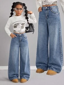 SHEIN Kids Tween Girl Y2k Fashion Bolt Design Three-Dimensional Decorative Blue Denim Loose Jeans - Blue - View 3