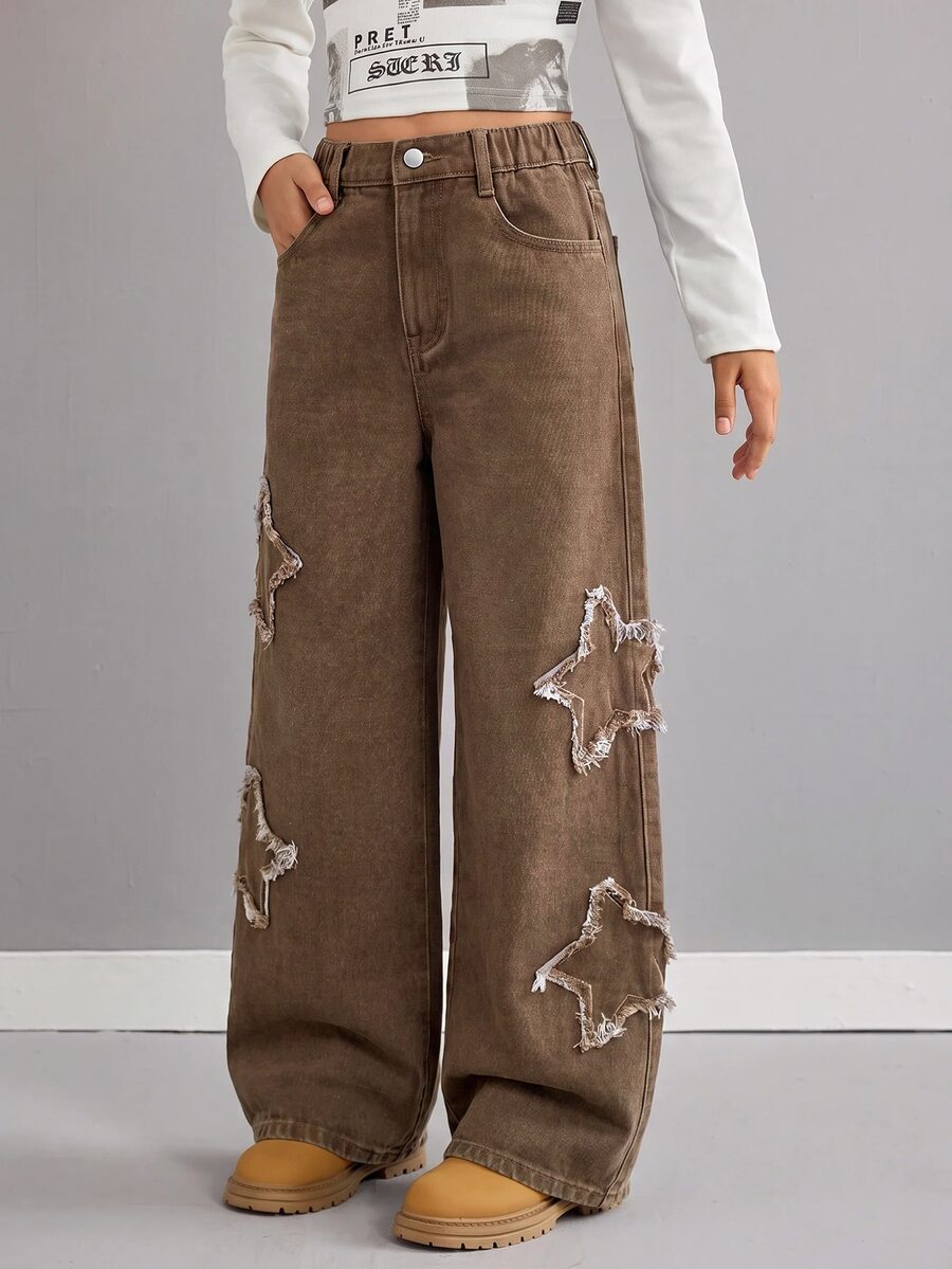 SHEIN Tween Girl Y2k Fashion Casual Ruffled Star-Shaped Brown Loose Wide-Leg Jeans For Black To School - Brown - View 1
