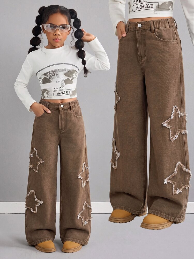 SHEIN Tween Girl Y2k Fashion Casual Ruffled Star-Shaped Brown Loose Wide-Leg Jeans For Black To School - Brown - View 1