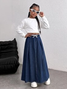 SHEIN 兒童青少年女孩 Y2K 時尚彈性鬆緊腰深藍色牛仔寬鬆 A 字裙，適合黑色上學穿搭 - 藍色 - 查看 3