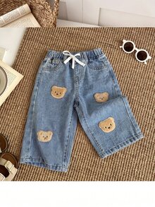 Celana Jeans Bayi Laki-laki yang Nyaman dan Longgar dengan Tali Serut Elastis dan Desain Motif Beruang Kecil yang Lucu - Biru - View 3