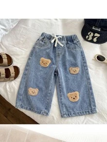 Celana Jeans Bayi Laki-laki yang Nyaman dan Longgar dengan Tali Serut Elastis dan Desain Motif Beruang Kecil yang Lucu - Biru - View 4