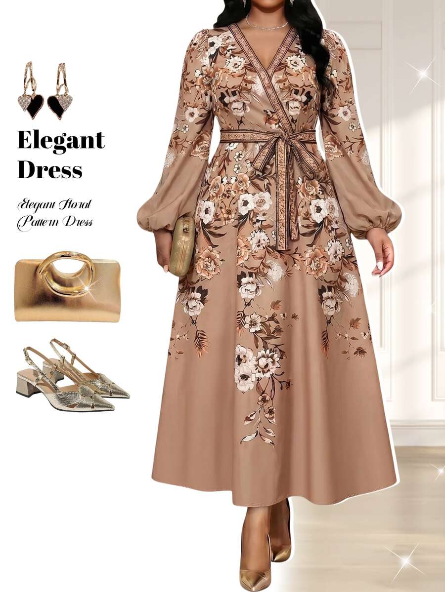 Fleurora Plus Size Women's V-Neck Floral Print Waist Knot Casual Dress Winter Dress Elegant Dress For Women Casual Dresses For Women Elegant Dresses - Multicolor - View 1