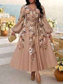Fleurora Plus Size Women's V-Neck Floral Print Waist Knot Casual Dress Winter Dress Elegant Dress For Women Casual Dresses For Women Elegant Dresses - Multicolor - View 3