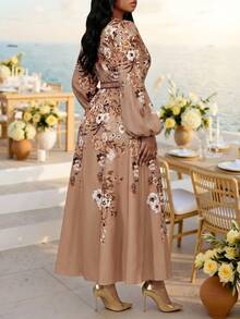 Fleurora Plus Size Women's V-Neck Floral Print Waist Knot Casual Dress Winter Dress Elegant Dress For Women Casual Dresses For Women Elegant Dresses - Multicolor - View 2