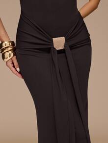 SHEIN BAE Gaun Rajut Panjang Ekstra Elegan Wanita Tanpa Lengan Warna Cokelat Polos untuk Musim Gugur/Dingin - Coklat - View 5