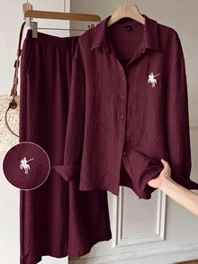 Solflare Autumn New Casual Normal Capsule Business Casual Embroidered Horse Design Plus Size 2-Piece Set, Shirt And Pants Outfit, Old Money Style Burgundy - Burgundy - View 3