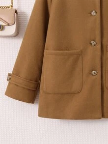 SHEIN 少女秋冬休閒純色花卉內裡連帽開襟外套 - 咖啡棕 - 查看 6