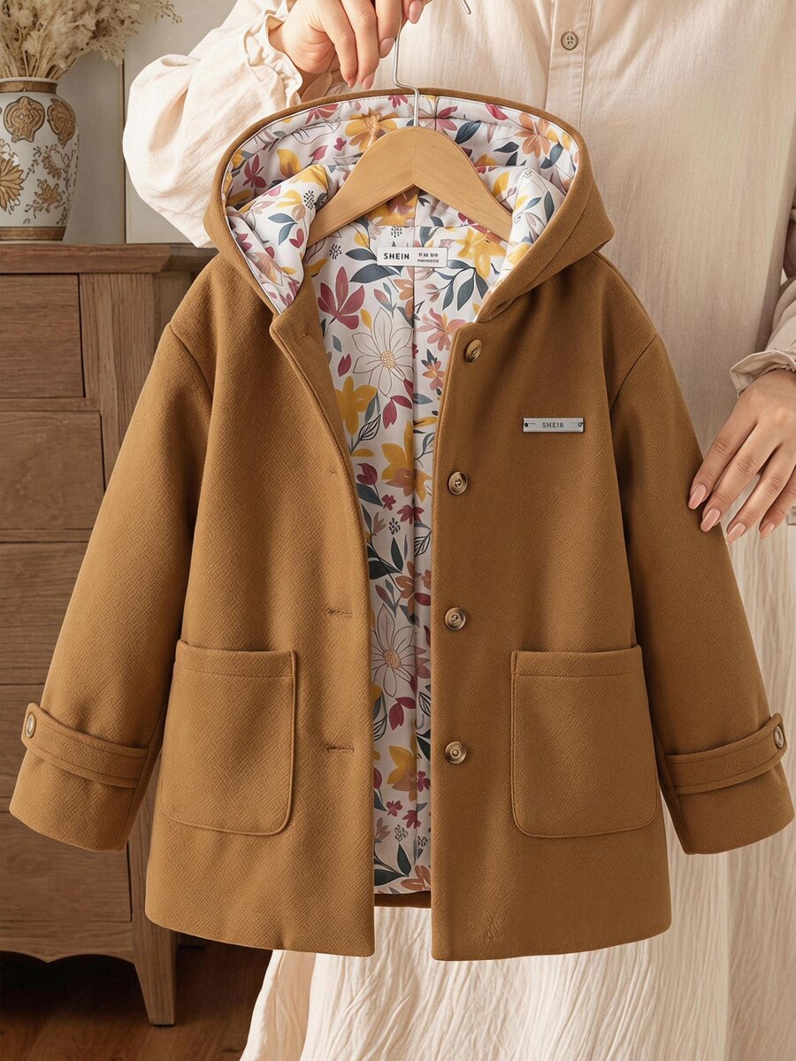 SHEIN 少女秋冬休閒純色花卉內裡連帽開襟外套 - 咖啡棕 - 查看 1
