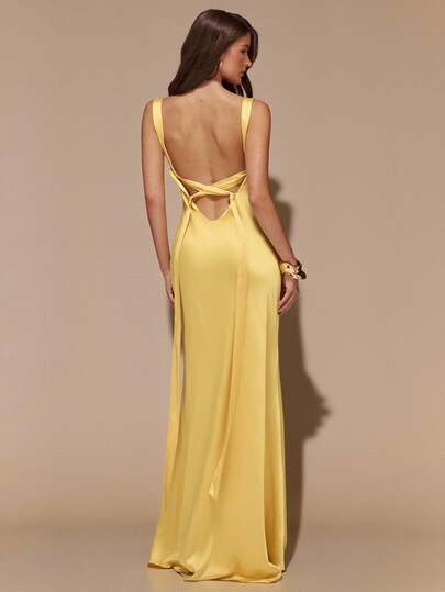 SHEIN BAE Spring/Summer Butter Yellow Backless Tie-Up Minimalist Fitted Satin Mermaid Extra Long Women's Elegant Dress, Brunch Dress, Wedding Bridesmaid Cocktail Dress, Party Gathering Dress, Formal Occasion Dress, Wedding Bridesmaid Gown, Birthday Dress