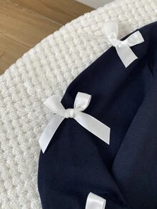 Playful Pals 2件組幼女波羅褲套裝，可愛海軍藍配色，蝴蝶結綁帶拼色直筒長褲，長袖翻領，校園秋季芭蕾公主運動服 - 藏蓝色 - 查看 5