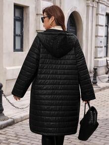 SHEIN Clasi Jaket Musim Dingin Wanita Ukuran Besar, Warna Polos, Lengan Panjang, dengan Resleting dan Tudung - Hitam - View 2