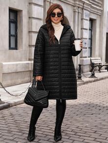 SHEIN Clasi Jaket Musim Dingin Wanita Ukuran Besar, Warna Polos, Lengan Panjang, dengan Resleting dan Tudung - Hitam - View 5
