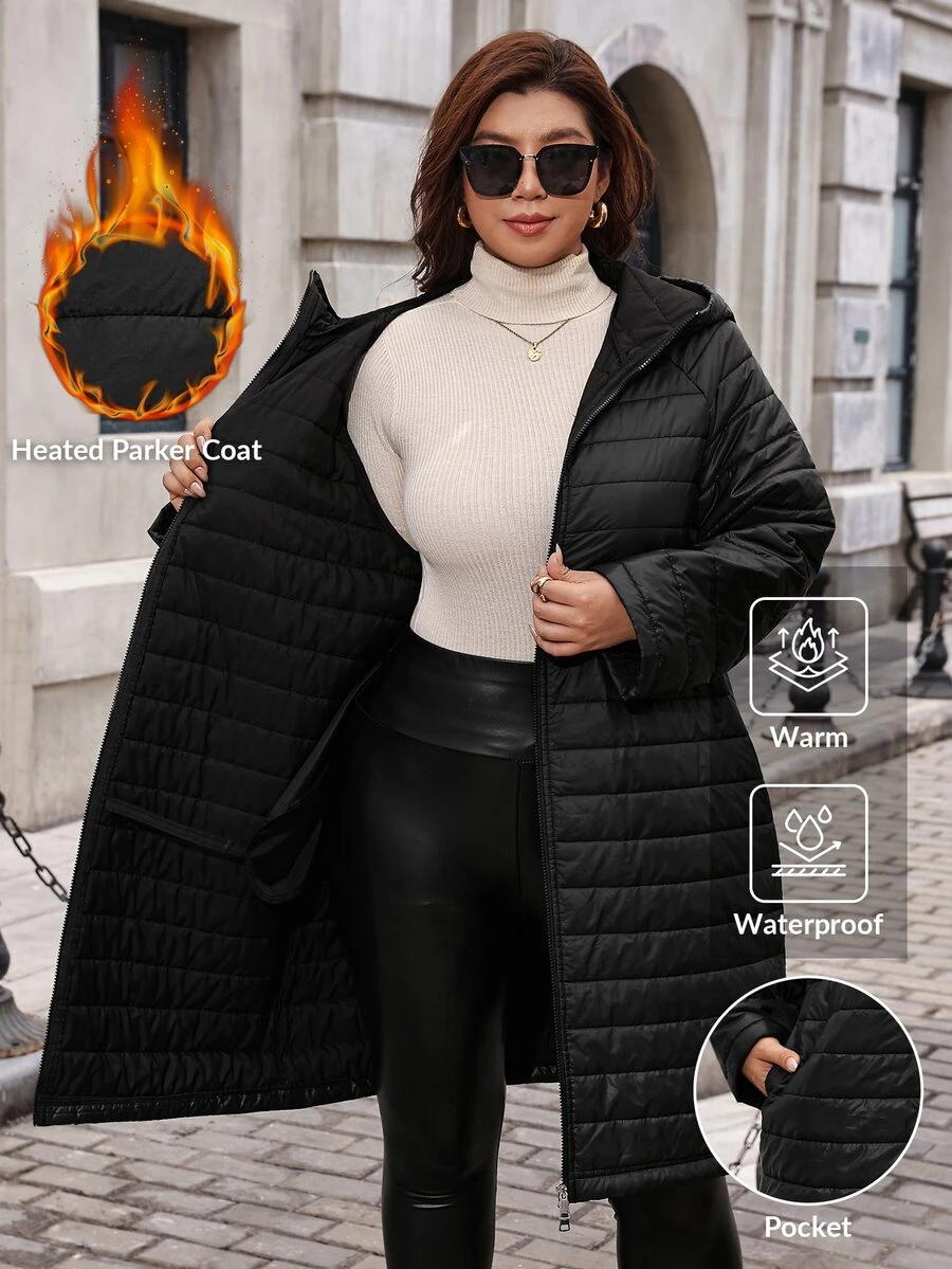 SHEIN Clasi 大尺碼女款純色長袖拉鍊連帽冬季外套,優雅教師風,黑色休閒寬鬆外出夾克 - 黑色 - 查看 1