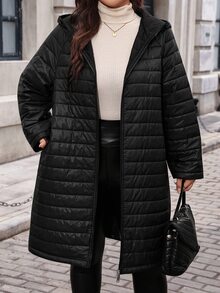 SHEIN Clasi Jaket Musim Dingin Wanita Ukuran Besar, Warna Polos, Lengan Panjang, dengan Resleting dan Tudung - Hitam - View 7