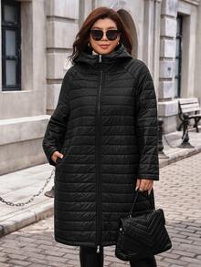 SHEIN Clasi Jaket Musim Dingin Wanita Ukuran Besar, Warna Polos, Lengan Panjang, dengan Resleting dan Tudung - Hitam - View 6