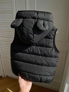 SHEIN Playful Pals 1件中性嬰兒可愛3D熊耳連帽絎縫拉鍊無袖羽絨背心外套，適合秋冬日常出行 - 黑色 - 查看 2