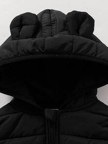 SHEIN Playful Pals 1件中性嬰兒可愛3D熊耳連帽絎縫拉鍊無袖羽絨背心外套，適合秋冬日常出行 - 黑色 - 查看 6