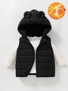 SHEIN Playful Pals 1件中性嬰兒可愛3D熊耳連帽絎縫拉鍊無袖羽絨背心外套，適合秋冬日常出行 - 黑色 - 查看 5