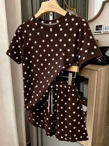 SHEIN LUNE 女款棕色波點印花圓領落肩上衣與抽繩短褲休閒兩件套 - 彩色 - 查看 6