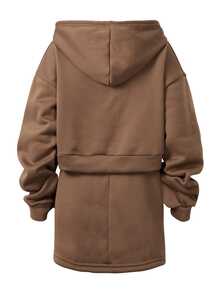 Trelyra Set Pakaian Wanita: Sweatshirt Berkerudung Lengan Panjang Model Bahu Longgar Warna Polos dengan Resleting dan Rok dengan Tali Serut di Pinggang - Coffee Brown - View 2