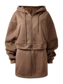 Trelyra Set Pakaian Wanita: Sweatshirt Berkerudung Lengan Panjang Model Bahu Longgar Warna Polos dengan Resleting dan Rok dengan Tali Serut di Pinggang - Coffee Brown - View 3