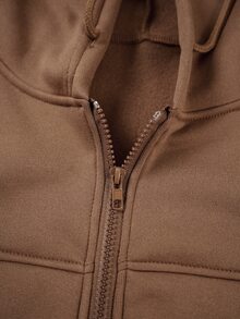 Trelyra Set Pakaian Wanita: Sweatshirt Berkerudung Lengan Panjang Model Bahu Longgar Warna Polos dengan Resleting dan Rok dengan Tali Serut di Pinggang - Coffee Brown - View 5