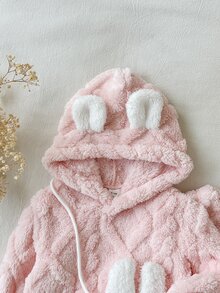 SHEIN 3件組女嬰連帽褲裝套裝 可愛甜美嬰兒粉 3D兔耳兔子造型 長袖連帽加厚戶外冬季保暖公主風慢跑毛絨絨絨毛 - 粉色 - 查看 7