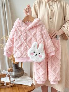 SHEIN 3件組女嬰連帽褲裝套裝 可愛甜美嬰兒粉 3D兔耳兔子造型 長袖連帽加厚戶外冬季保暖公主風慢跑毛絨絨絨毛 - 粉色 - 查看 4
