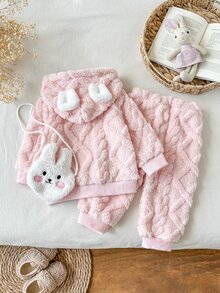 SHEIN 3件組女嬰連帽褲裝套裝 可愛甜美嬰兒粉 3D兔耳兔子造型 長袖連帽加厚戶外冬季保暖公主風慢跑毛絨絨絨毛 - 粉色 - 查看 3