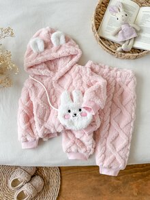 SHEIN 3件組女嬰連帽褲裝套裝 可愛甜美嬰兒粉 3D兔耳兔子造型 長袖連帽加厚戶外冬季保暖公主風慢跑毛絨絨絨毛 - 粉色 - 查看 5