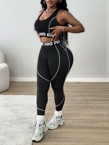 SHEIN Core Rhythm Women's Cropped Tank Top & Leggings Sports Set - Black and White - View 4