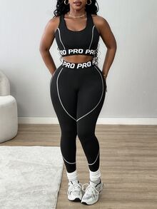 SHEIN Core Rhythm Women's Cropped Tank Top & Leggings Sports Set - Black and White - View 5