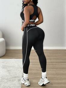 SHEIN Core Rhythm Women's Cropped Tank Top & Leggings Sports Set - Black and White - View 3