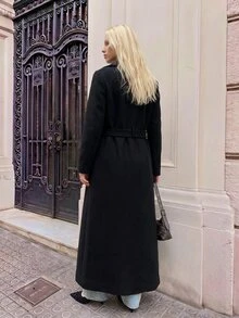 SHEIN TRNDY Áo khoác dáng dài nữ cổ ve, màu đen thanh lịch cho văn phòng, mùa thu/đông - màu đen - Xem 2
