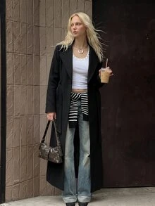 SHEIN TRNDY Áo khoác dáng dài nữ cổ ve, màu đen thanh lịch cho văn phòng, mùa thu/đông - màu đen - Xem 3