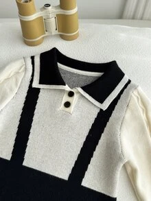SHEIN 1件 幼兒男嬰色塊條紋長袖 Polo 領軟針織毛衣連身衣 穿脫式連身褲 秋冬聖誕套裝 - 寶藍色 - 查看 5
