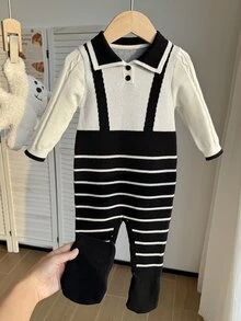 SHEIN 1件 幼兒男嬰色塊條紋長袖 Polo 領軟針織毛衣連身衣 穿脫式連身褲 秋冬聖誕套裝 - 寶藍色 - 查看 3