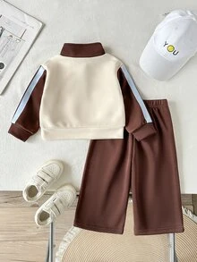 SHEIN 2件組幼童女款衛衣＋運動長褲，可愛米色巧克力棕蝴蝶結刺繡飾邊，半拉鍊長袖立領，返校秋季穿搭 - 彩色 - 查看 3