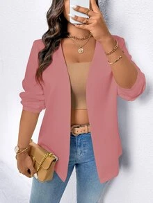 SHEIN LUNE 大码女式纯色长袖开襟休闲夹克 - 粉色 - 查看 6