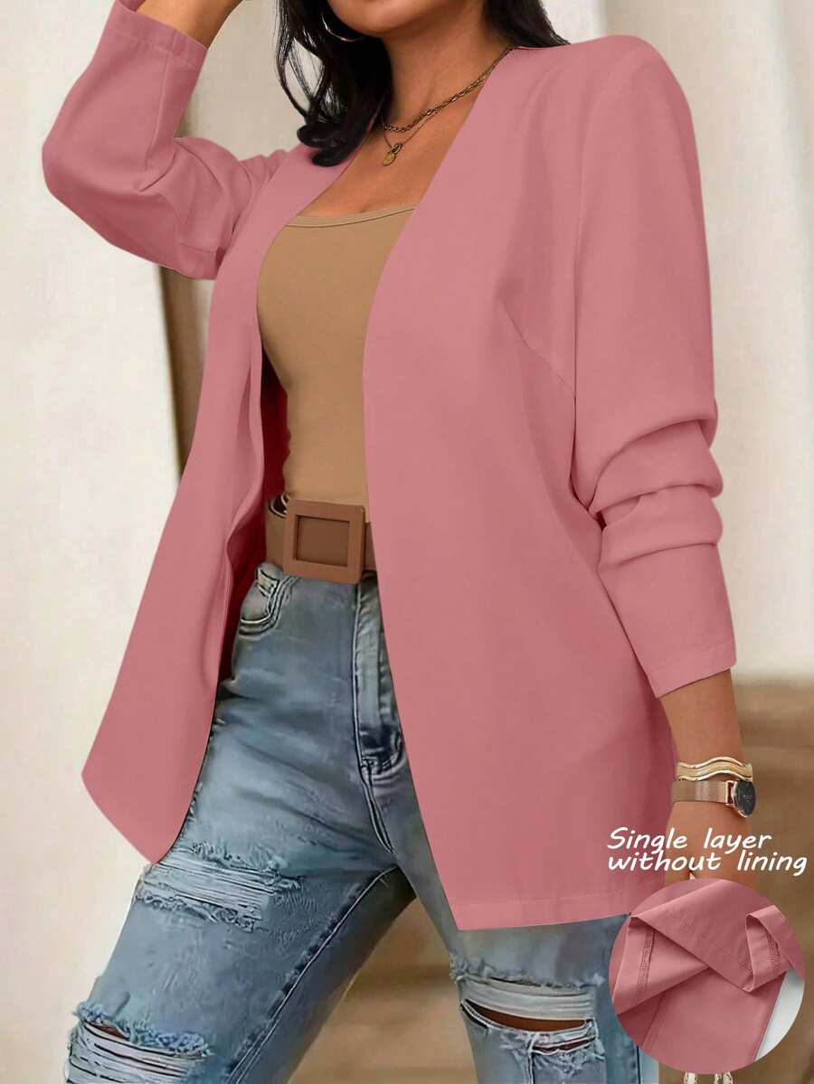 SHEIN LUNE 大码女式纯色长袖开襟休闲夹克 - 粉色 - 查看 1