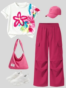 Tween Girl Casual Vacation Daily Commute Floral Print Short Sleeve T-Shirt & Wide Leg Cargo Pants Set - Multicolor - View 3