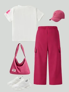 Tween Girl Casual Vacation Daily Commute Floral Print Short Sleeve T-Shirt & Wide Leg Cargo Pants Set - Multicolor - View 2